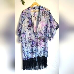 Apt. 9 Floral Beach Summer Kimono Black and Purple OSFA Large